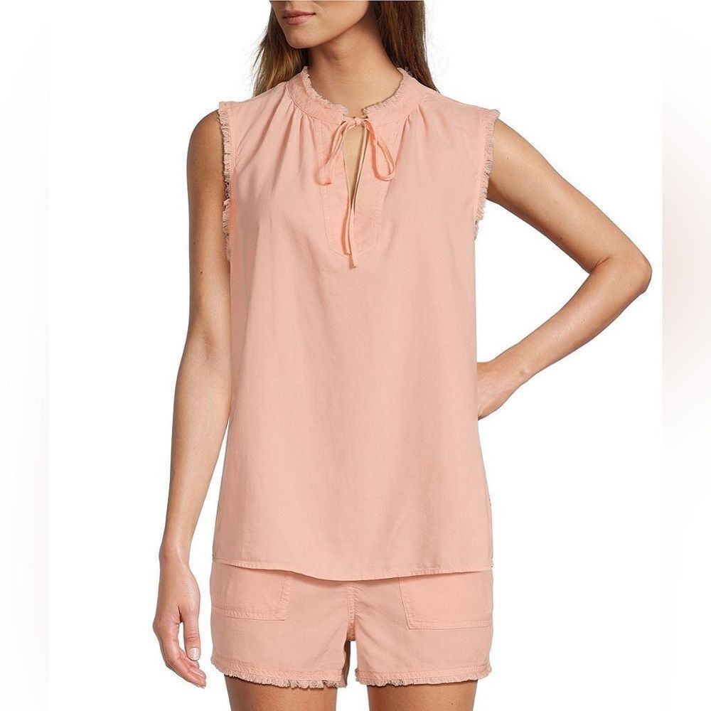 Cloth & Stone | Shirred Fray Tie Neck Sleeveless Top | medium